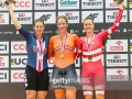 Winst in Worldcup omnium Pruszkow (vlnr Jennifer Valente (USA) - Kirsten - Amelie Dideriksten (Denemarken))